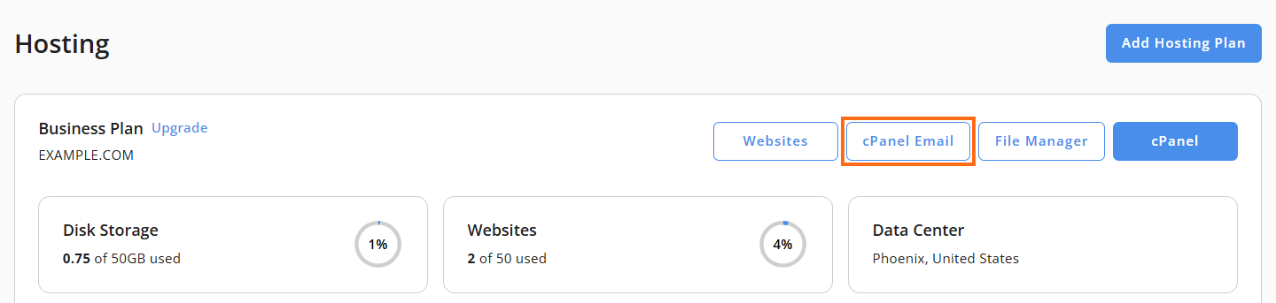 Customer Portal - Hosting tab - cPanel Email