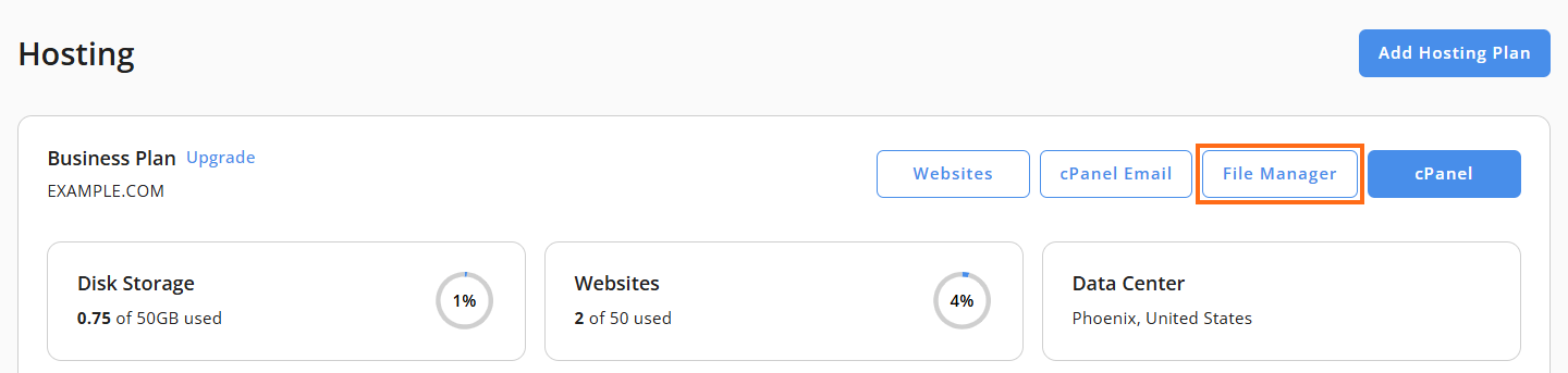 Customer Portal - Hosting tab - File Manager