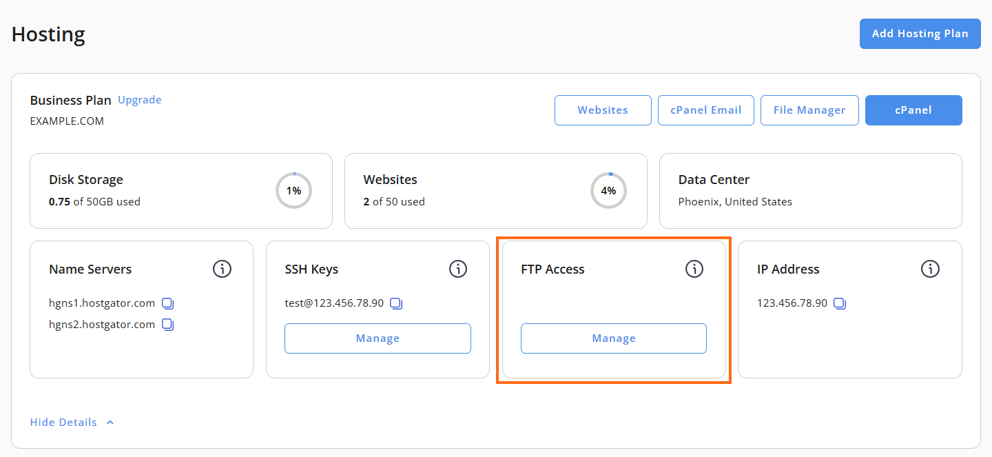 Customer Portal - Hosting tab - FTP Access