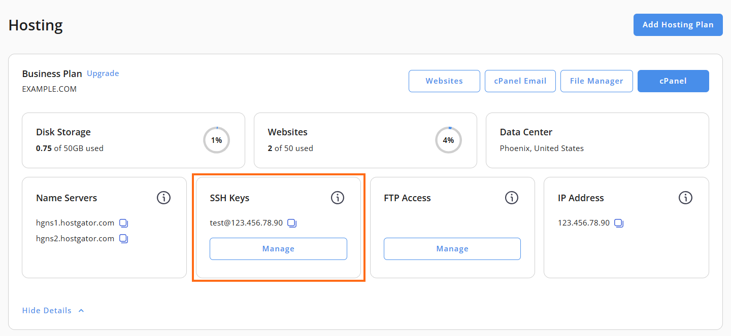 Customer Portal - Hosting tab - SSH Keys