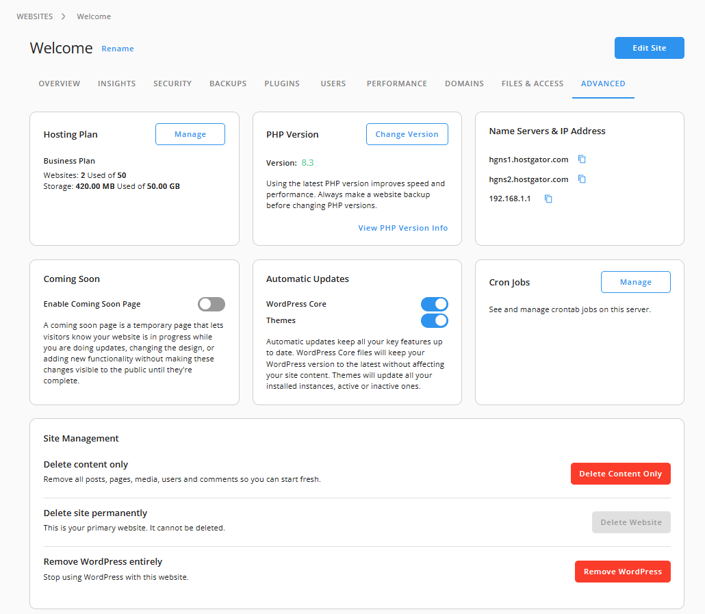 Customer Portal - Hosting - Settings