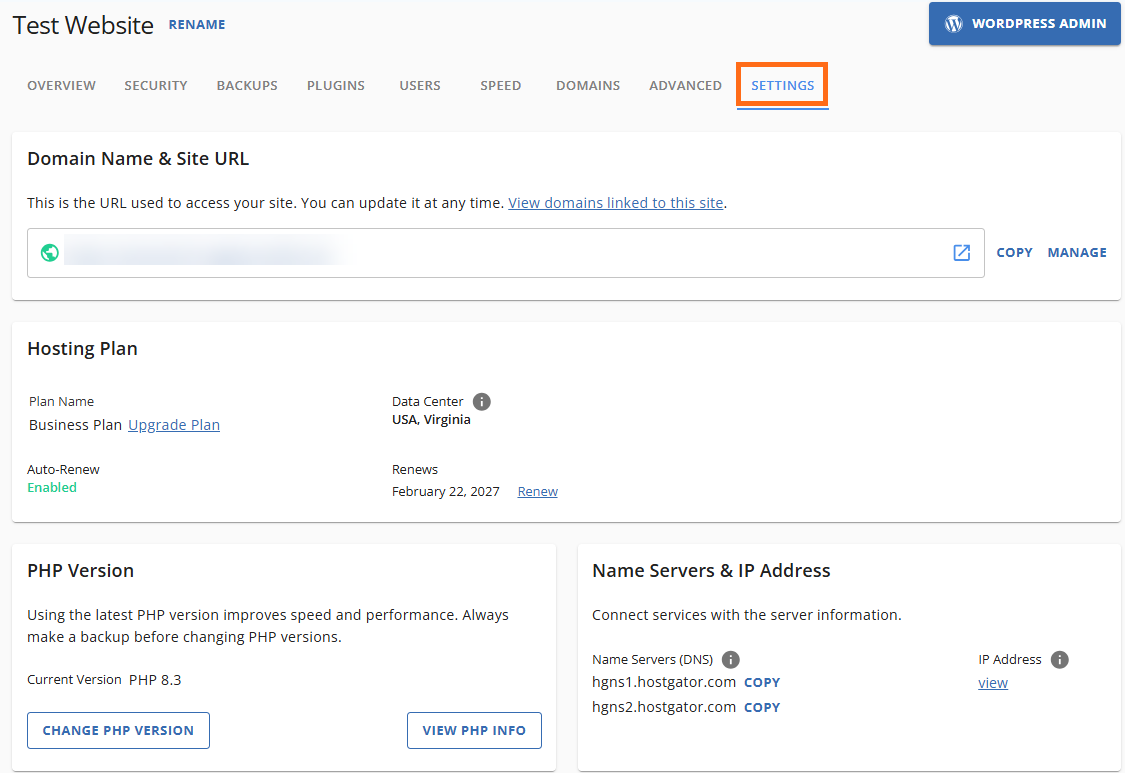 Customer Portal - Hosting - Settings