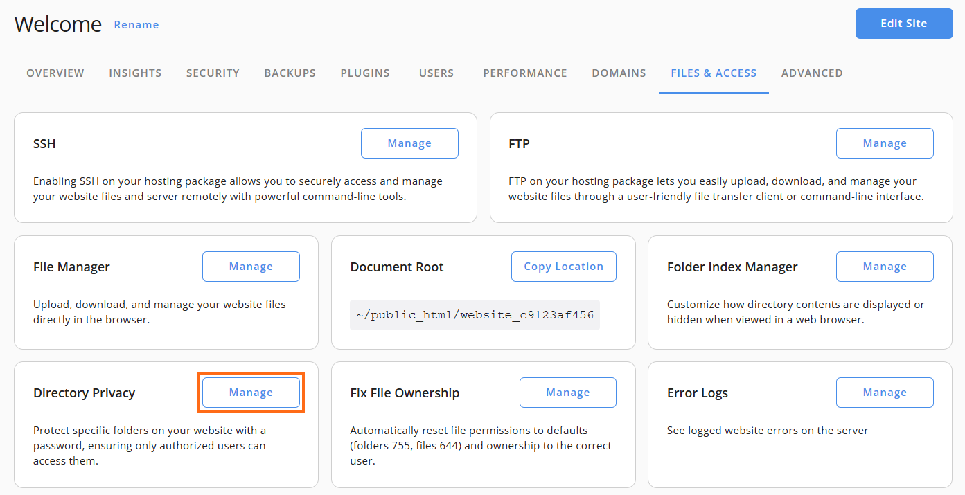 Hostgator Directory Privacy Manage Button