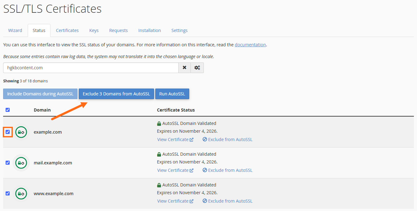 cPanel - SSL - Exclude Domains from AutoSSL