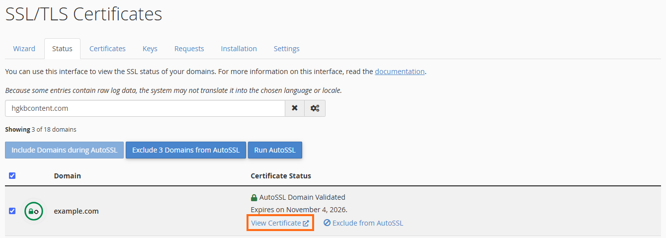 cPanel - SSL/TLS Status - View certificate
