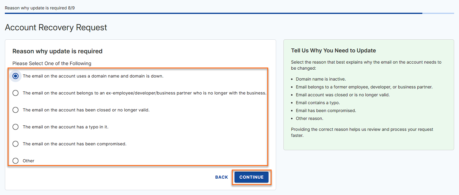 Select Reason for the update