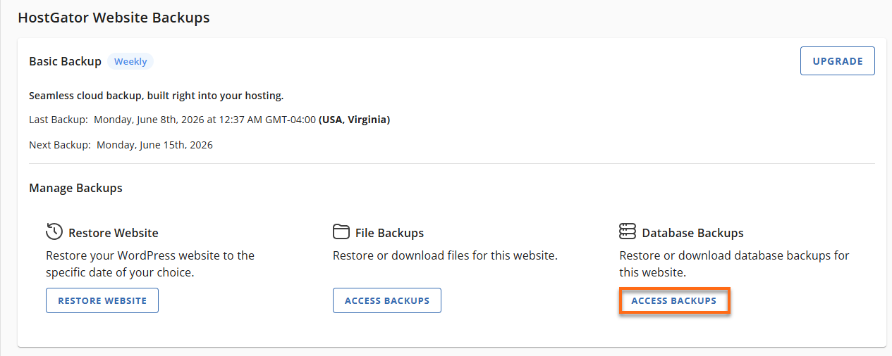 Websites Tab Basic Weekly Backups - Restore Database Backups