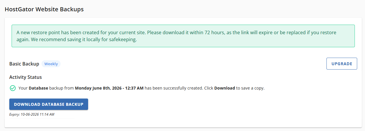 Websites Tab Basic Weekly Backups - Download Database Backups Succecssful