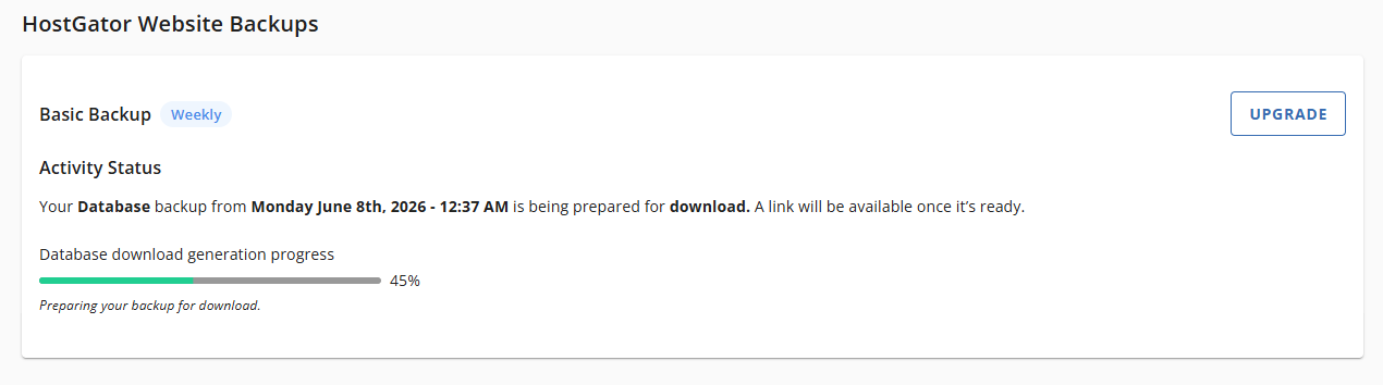 Websites Tab Basic Weekly Backups - Download Database Backups In Progress