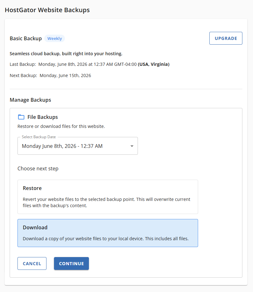 BH Websites Tab Basic Weekly Backups - Download Files Select Date and Download