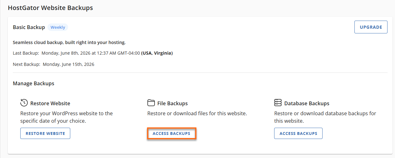 Websites Tab Basic Weekly Backups - Restore Files Backups