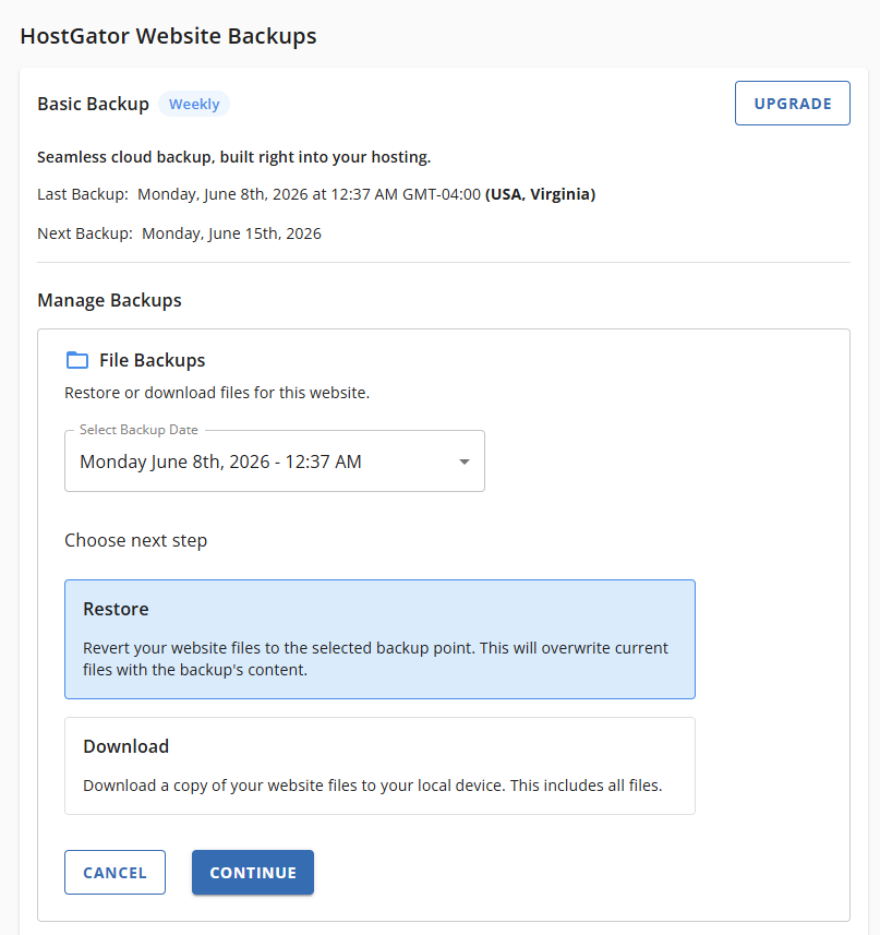 Websites Tab Basic Weekly Backups - Restore Files Backups Date, Restore, and Continue