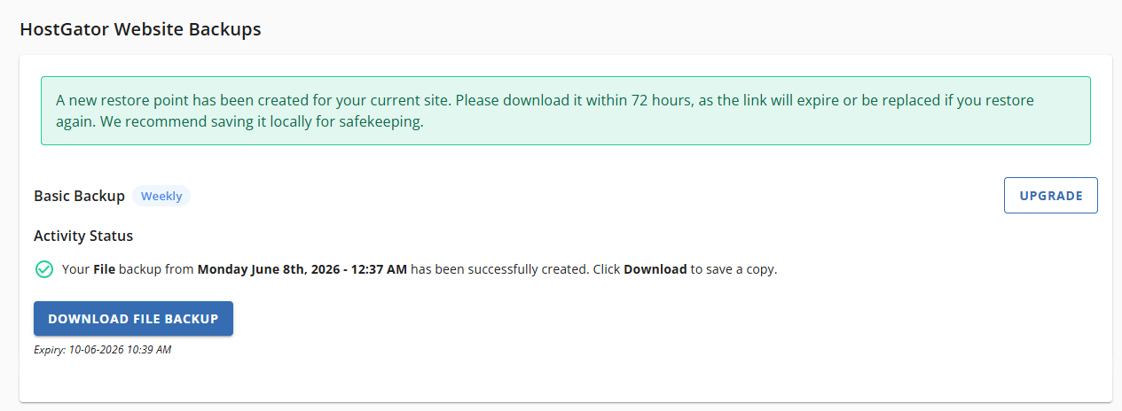 Websites Tab Basic Weekly Backups - Download Files Completed