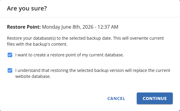 Websites Tab Basic Weekly Backups - Restore Database Backups Confirm