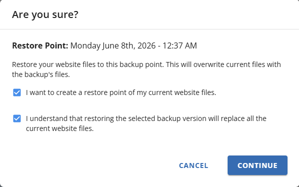 Websites Tab Basic Weekly Backups - Restore Files Backups Confirm