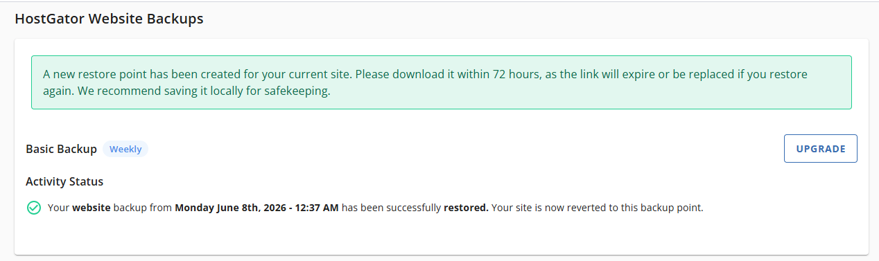 Websites Tab Basic Weekly Backups - Restore Website Completed