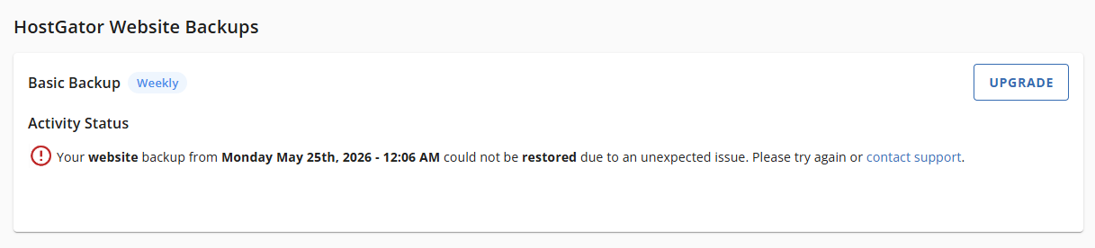 Websites Tab Basic Weekly Backups - Restore Website Failed