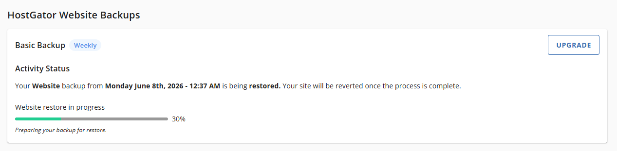 Websites Tab Basic Weekly Backups - Restore Website In Progress
