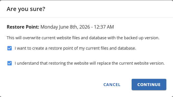 Websites Tab Basic Weekly Backups - Restore Website Confirm