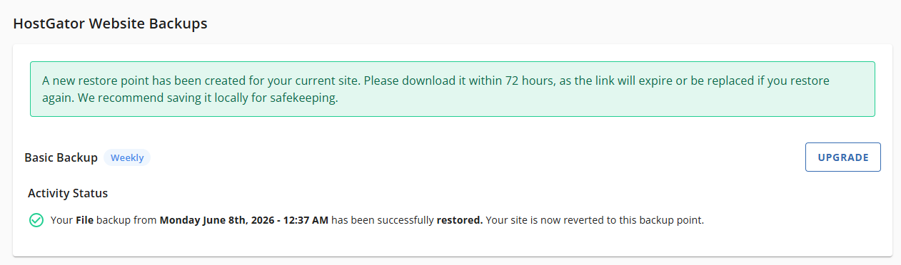 Websites Tab Basic Weekly Backups - Restore Files Backups Completed