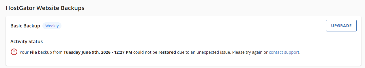 Websites Tab Basic Weekly Backups - Restore Files Backups Failed