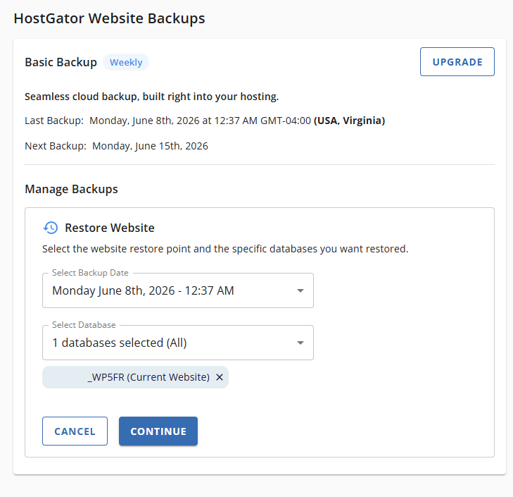 Websites Tab Basic Weekly Backups - Restore Website Date and Continue