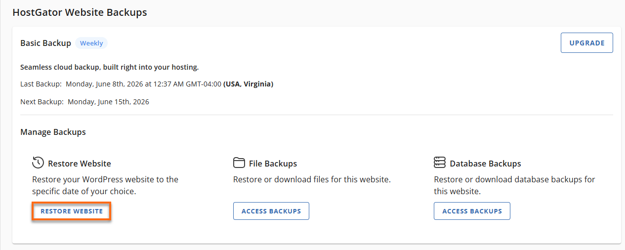 Websites Tab Basic Weekly Backups - Full Website Restore