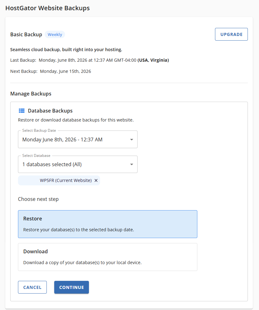 Websites Tab Basic Weekly Backups - Restore Database Backups Restore and Continue