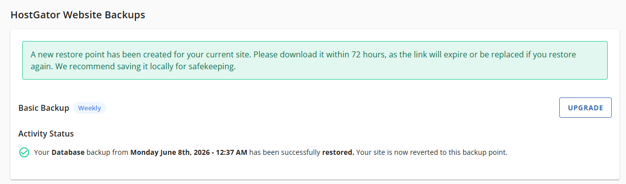 Websites Tab Basic Weekly Backups - Restore Database Backups Successful