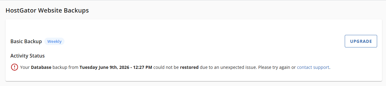 Websites Tab Basic Weekly Backups - Restore Database Backups Failed