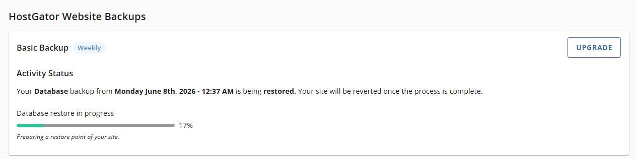 Websites Tab Basic Weekly Backups - Restore Database Backups In Progress