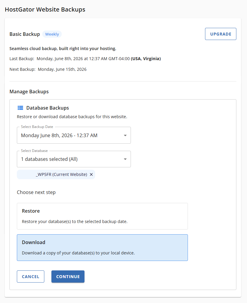 Websites Tab Basic Weekly Backups - Download Database Backups Download and Continue