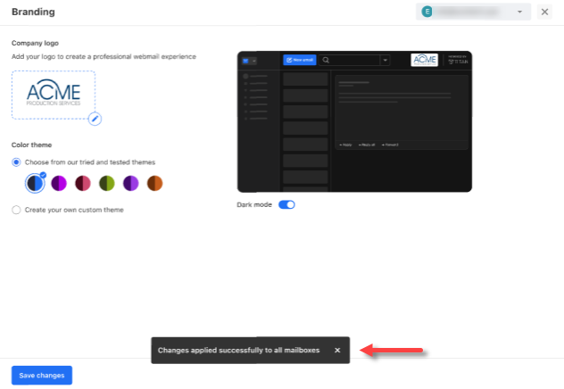 Professional Email - Branding Feature - Save changes notification