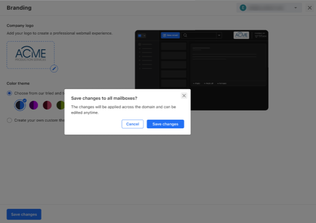 Professional Email - Branding Feature - Save changes popup