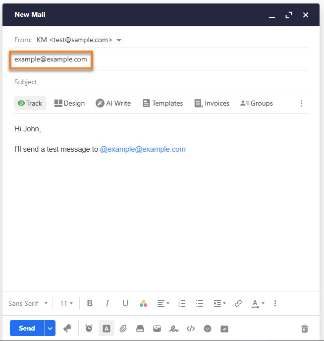 Professional Email webmail - Mentioned contact added to the recipient list
