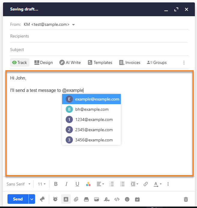 Professional Email webmail - Typing @ and a contact name in the email body