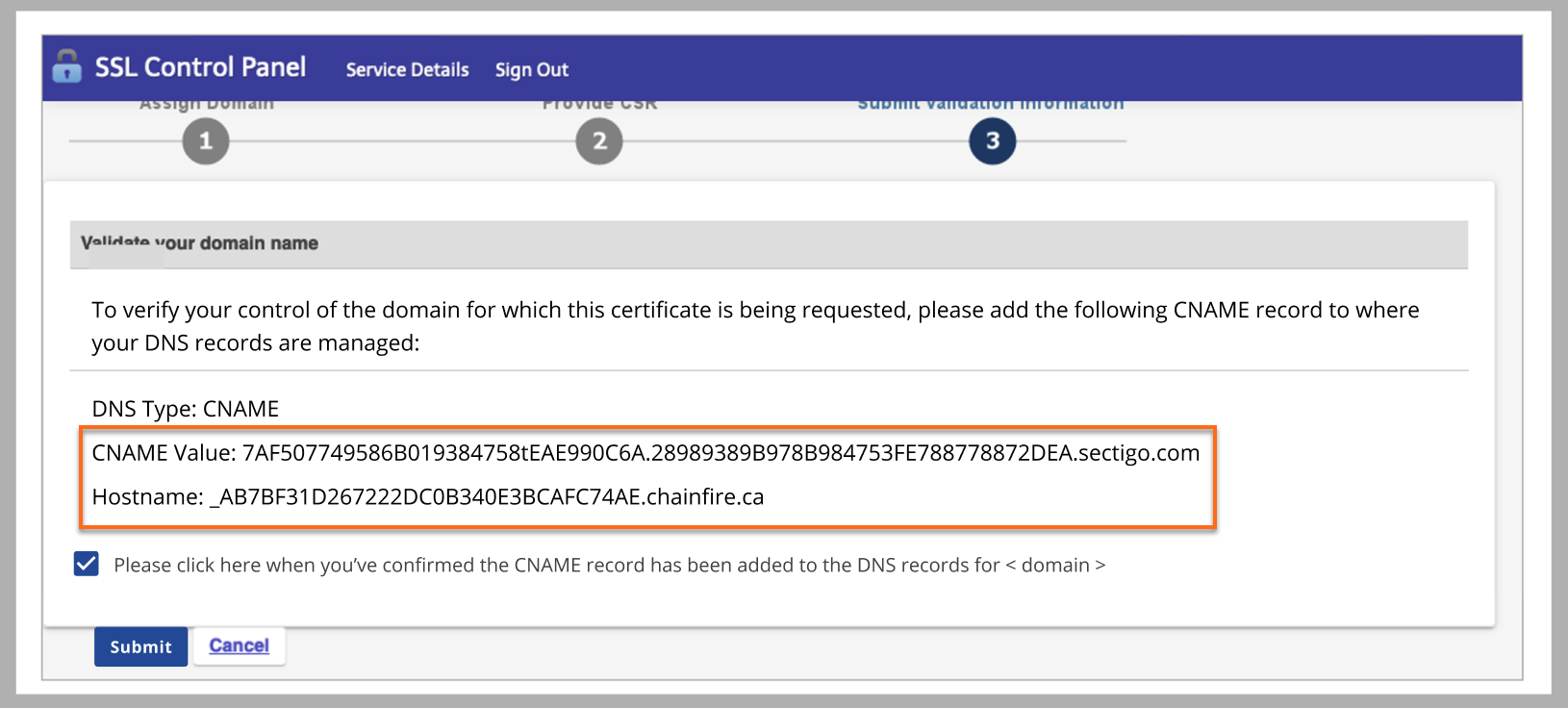 Security tab - SSL Certificates - Copy CNAME Value