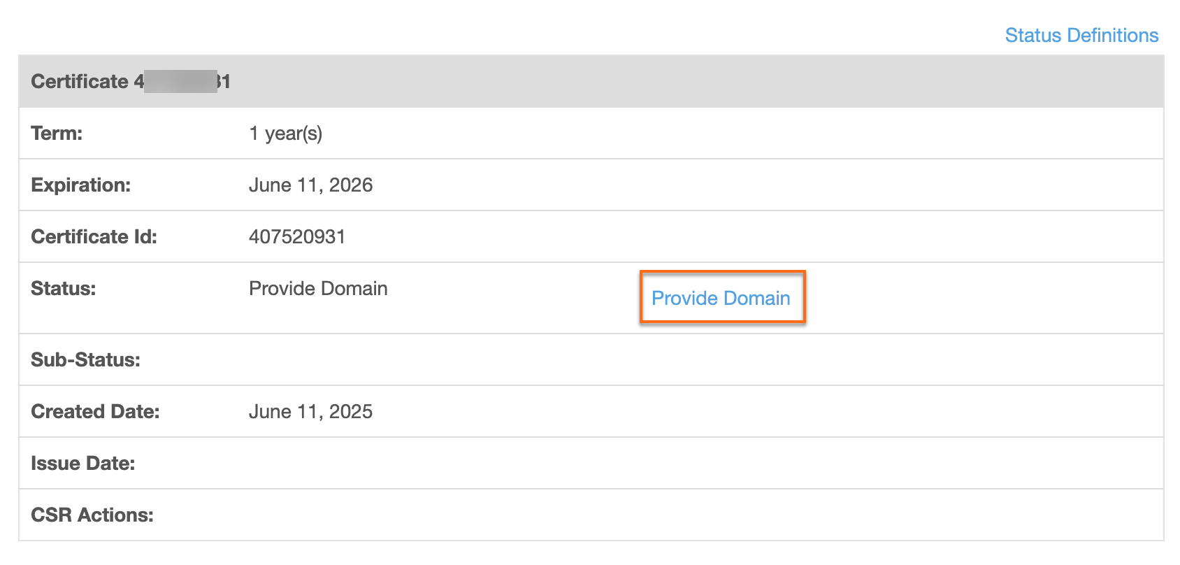 Security tab - SSL Certificates - Provide Domain