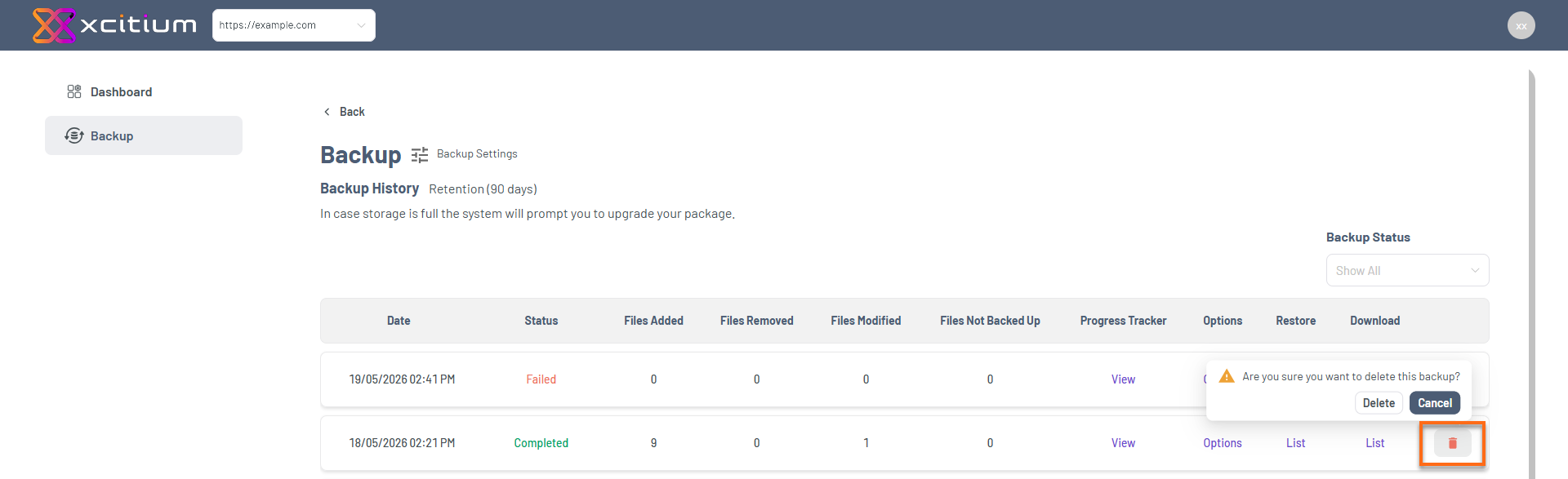Portal - Website Tab Manage Xcitium - Backup History Delete