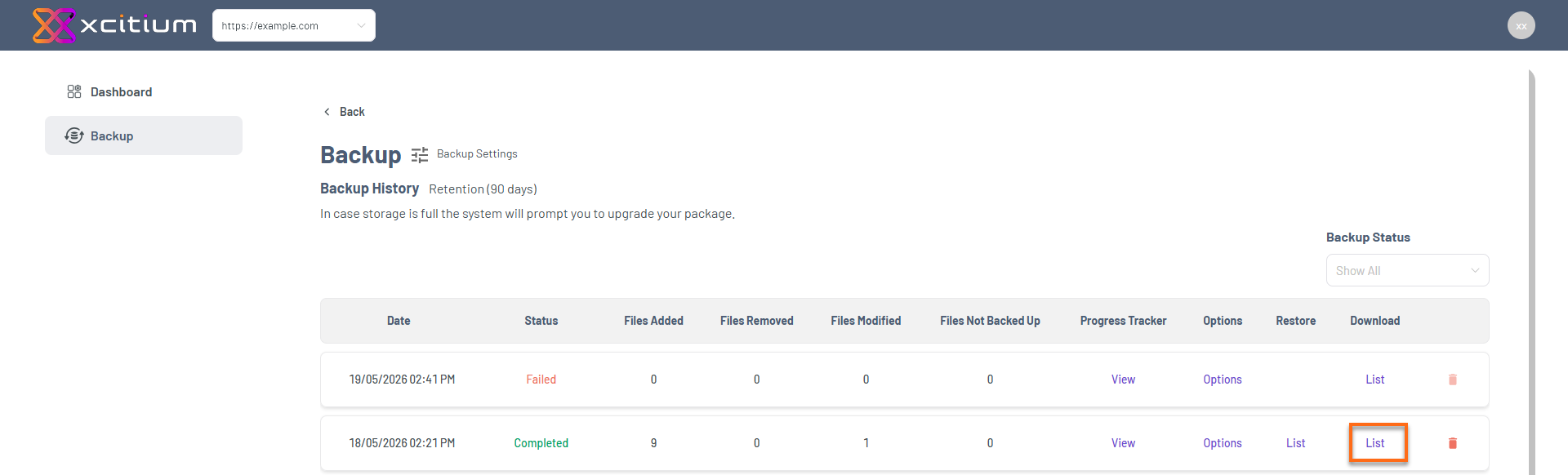 Portal - Website Tab Manage Xcitium - Backup History Delete