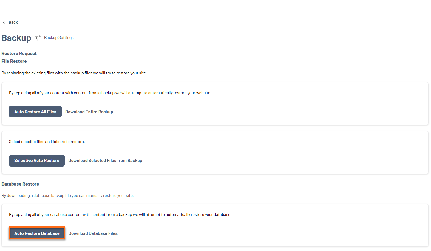 HostGator Portal - Website Tab Manage Xcitium View Backup History Restore Option - Database Restore