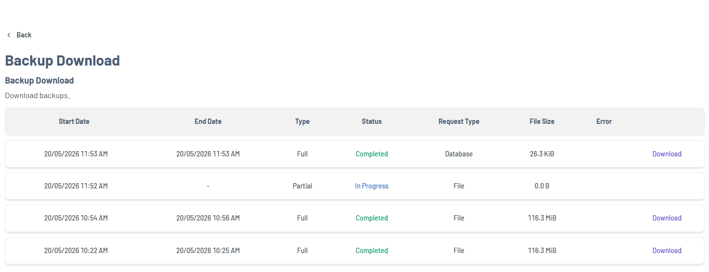 Portal - Website Tab Manage Xcitium - Backup History Delete