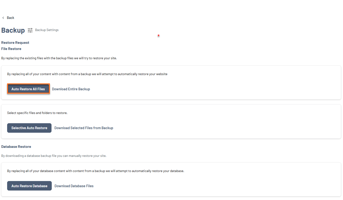HostGator Portal - Website Tab Manage Xcitium View Backup History Restore Option - File Restore