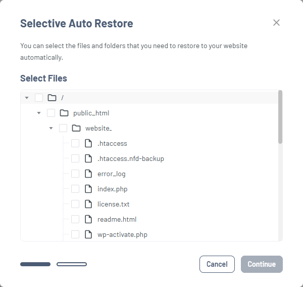HostGator Portal - Website Tab Manage Xcitium View Backup History Restore Option - File Restore