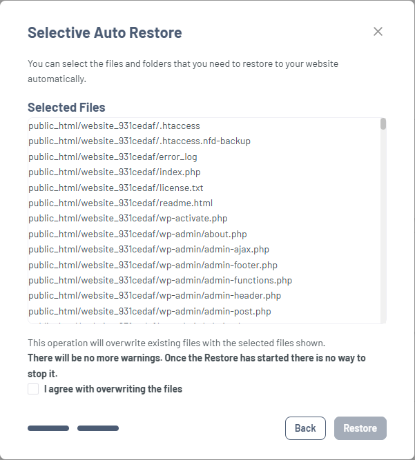 HostGator Portal - Website Tab Manage Xcitium View Backup History Restore Option - File Restore