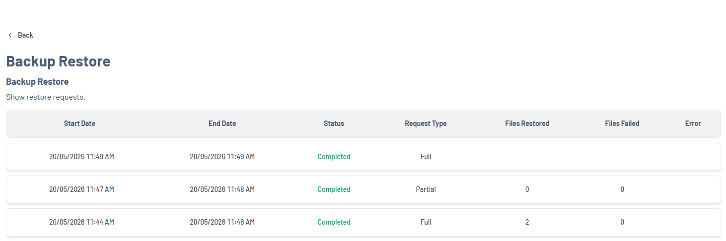 Portal - Website Tab Manage Xcitium - Backup History Restore