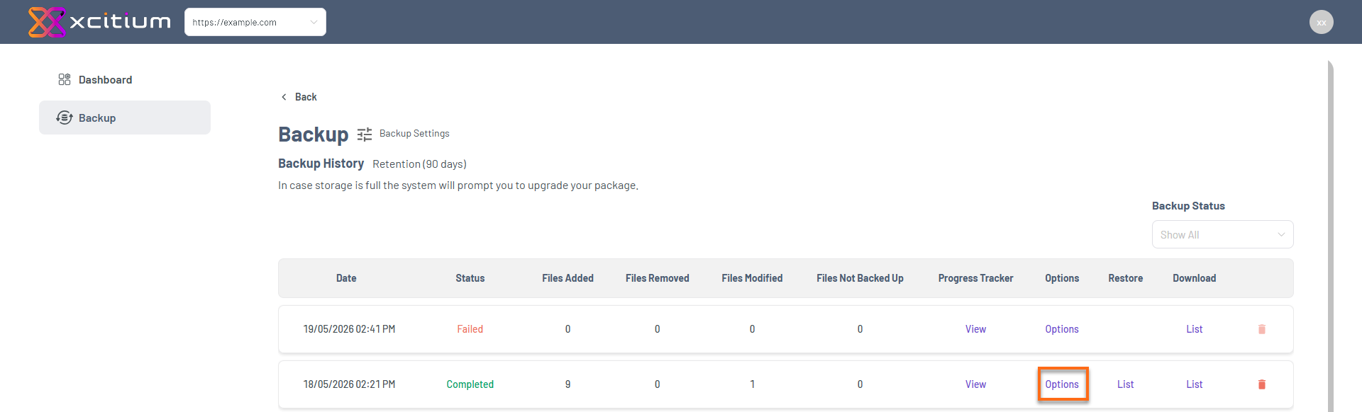 Portal - Website Tab Manage Xcitium - Backup History Options