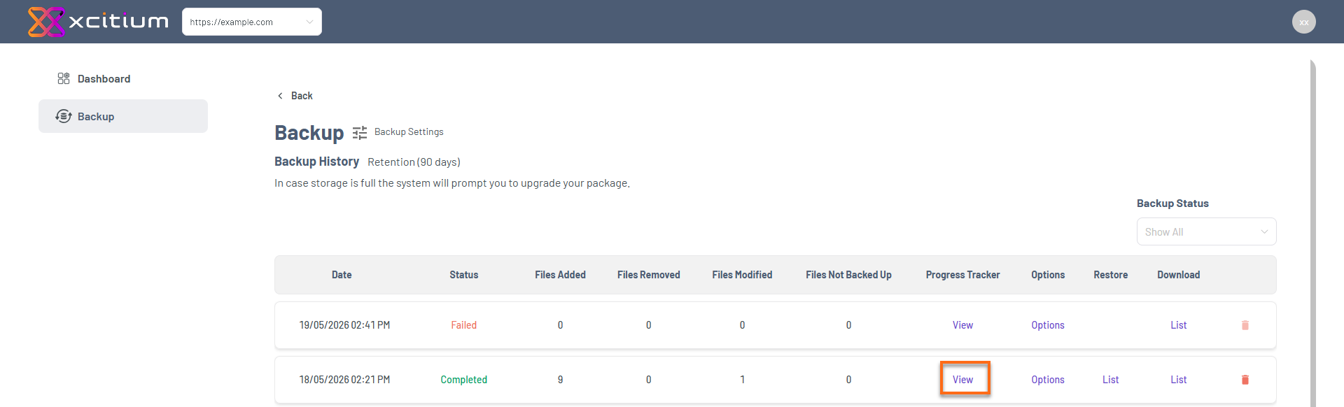 Portal - Website Tab Manage Xcitium - Backup History Progress Tracker Details