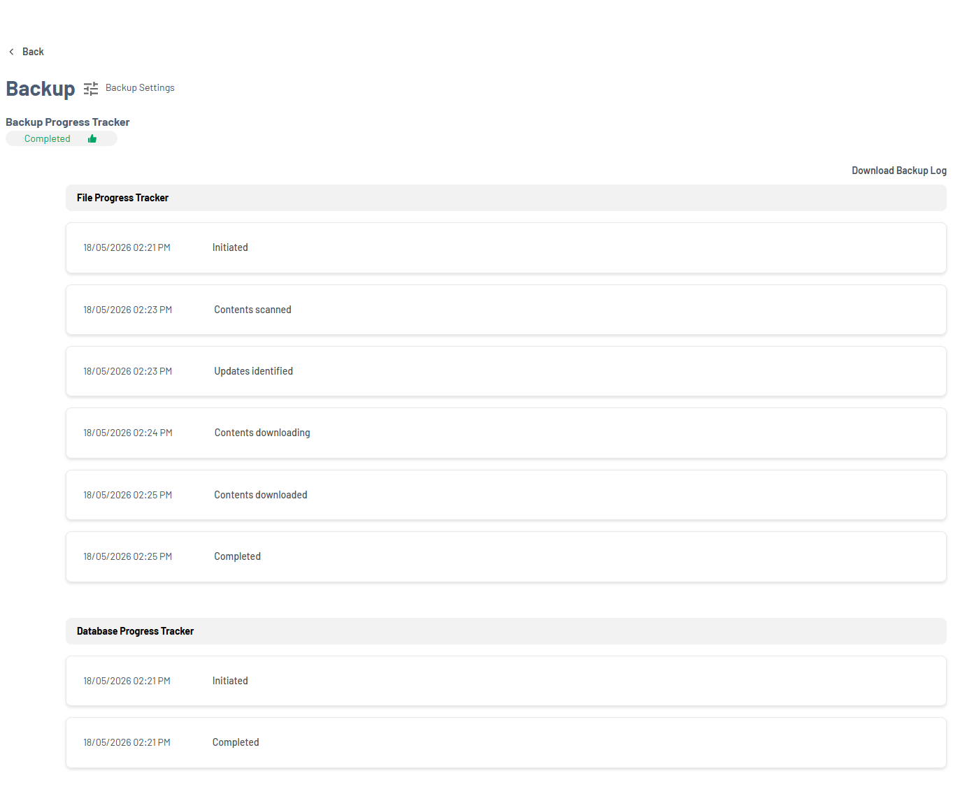 Portal - Website Tab Manage Xcitium - Backup History Progress Tracker Details