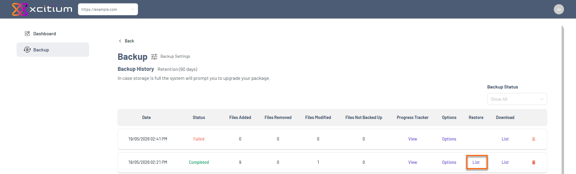 Portal - Website Tab Manage Xcitium - Backup History Restore